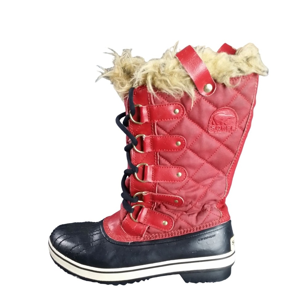 Sorel Tofino Winter Boots Womens 7 Red Quilted Waterproof Faux Fur Snow Lace-Up